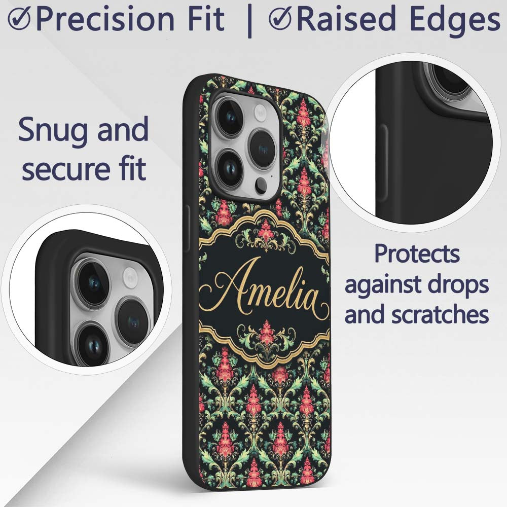 Vibrant Pink Teal Ornate Floral Baroque Damask Custom Name Protective Phone Case Mobile Cover Durable Everyday Smartphone Shock Resistant