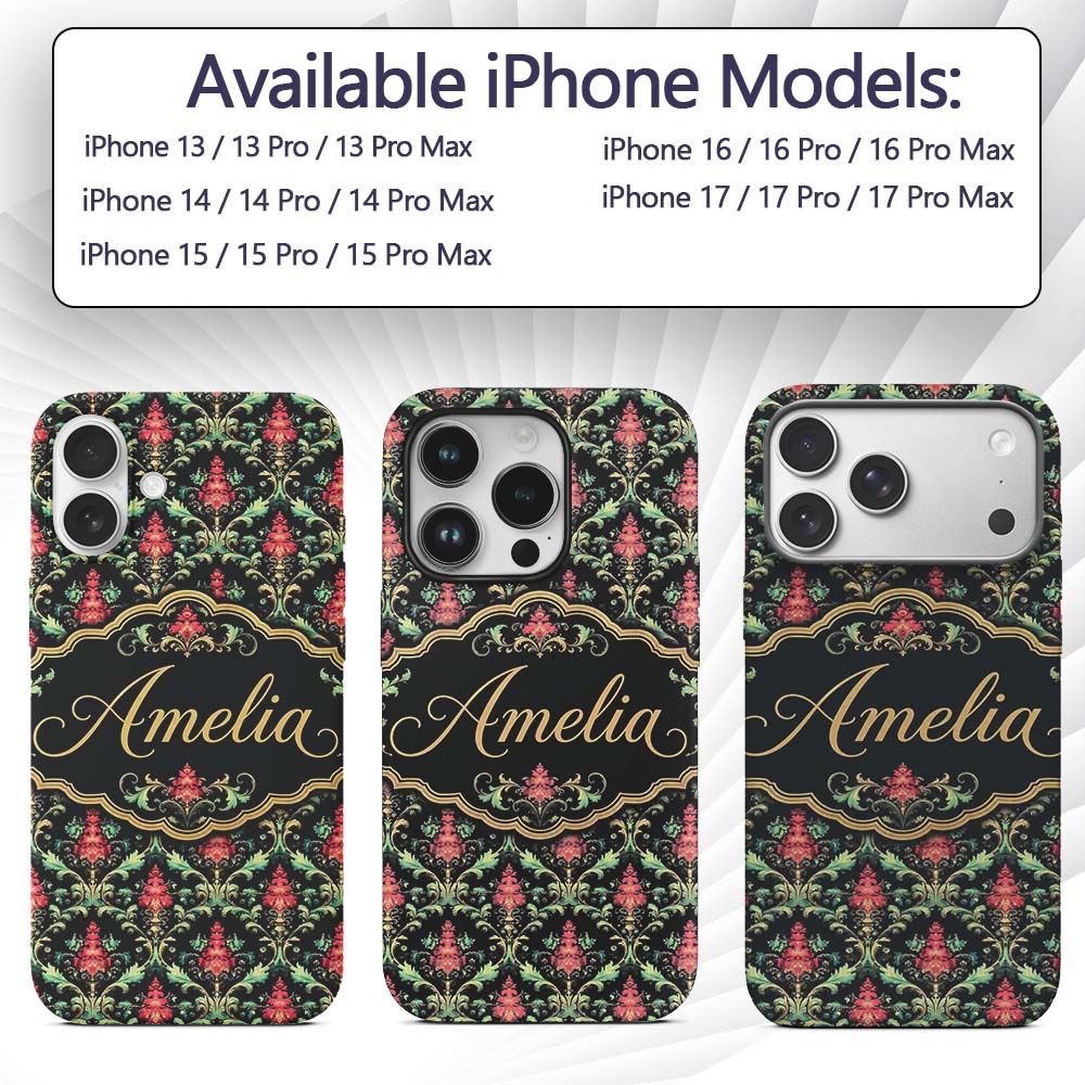 Vibrant Pink Teal Ornate Floral Baroque Damask Custom Name Protective Phone Case Mobile Cover Durable Everyday Smartphone Shock Resistant