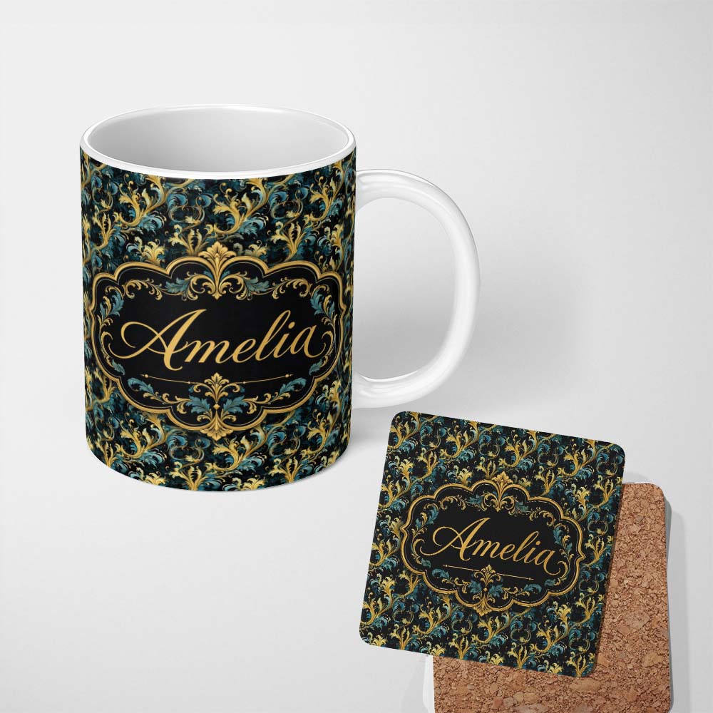 Personalized Custom Name Elegant Blue Gold Flowing Acanthus Baroque Seamless Pattern Name 11oz Ceramic Coffee Tea Mug White Large Handle