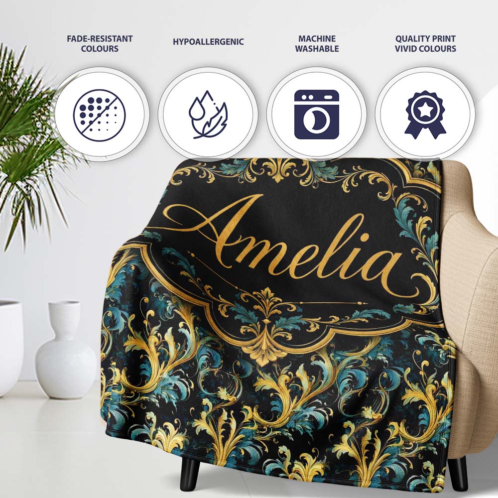 Elegant Blue Gold Flowing Acanthus Baroque Seamless Pattern Name Personalised Custom Name Super Soft Fleece Blanket Bed Sofa Throw
