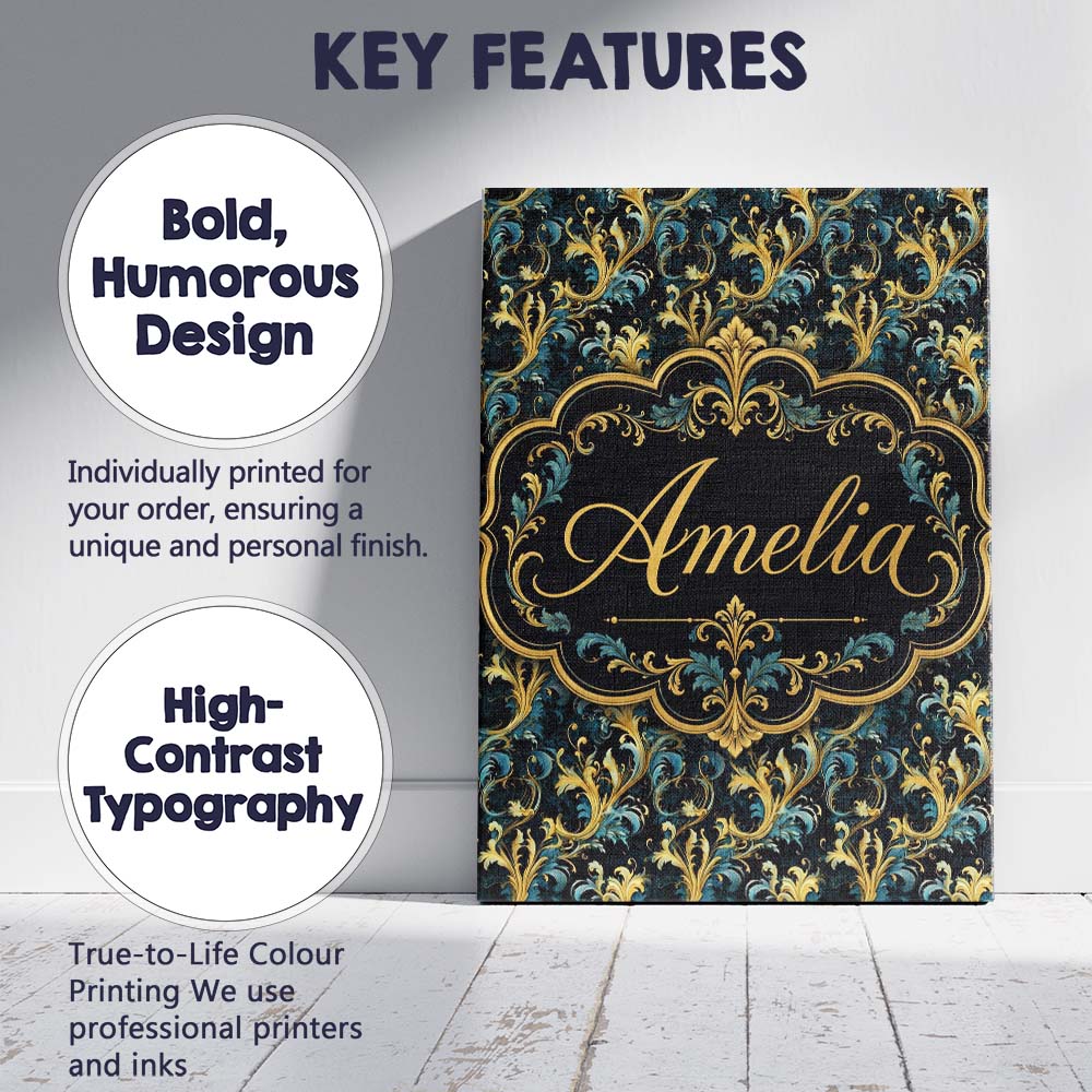 Personalised Name Elegant Blue Gold Flowing Custom Bespoke Interior Contemporary Canvas Wall Art Print Decor Picture Ready to Hang