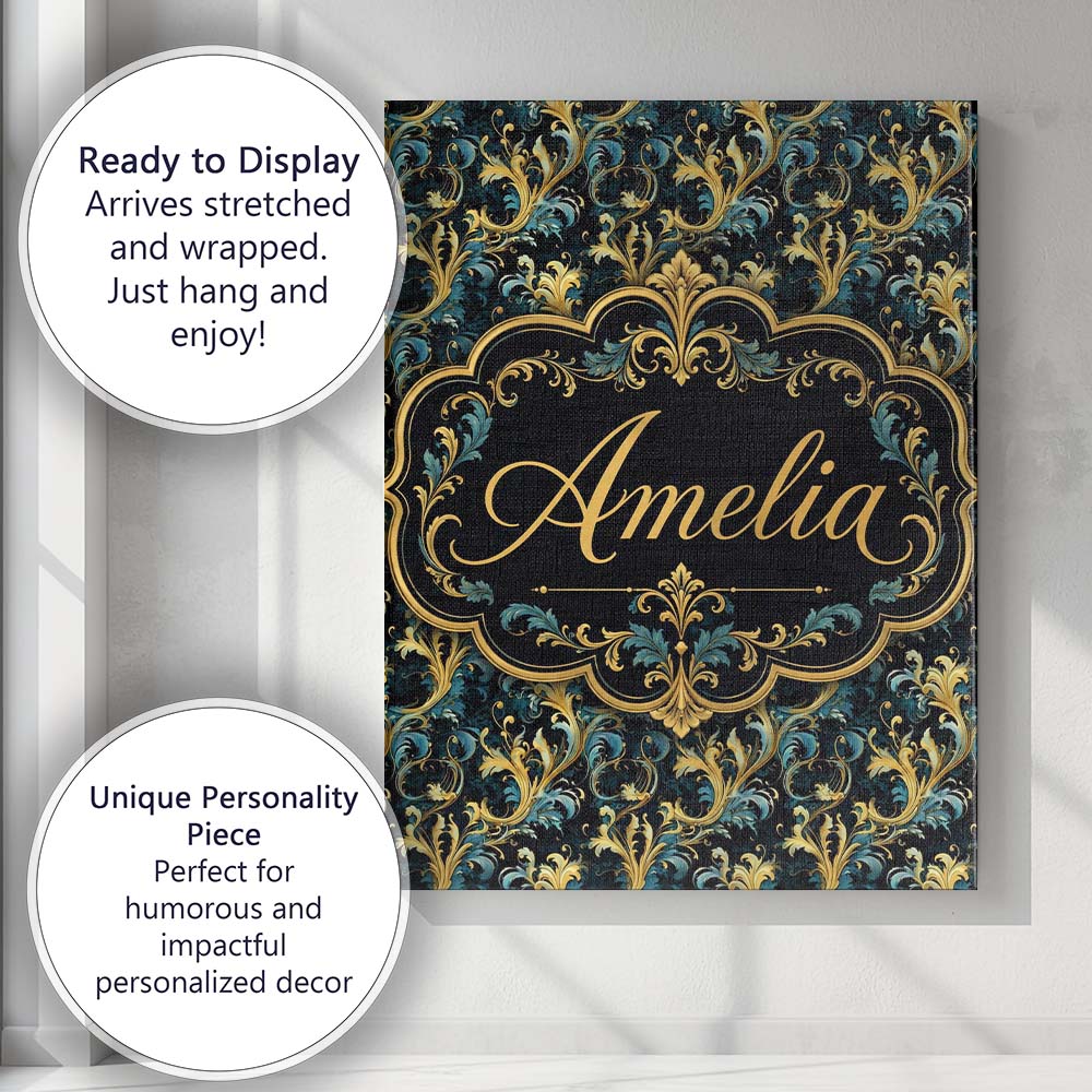 Personalised Name Elegant Blue Gold Flowing Custom Bespoke Interior Contemporary Canvas Wall Art Print Decor Picture Ready to Hang