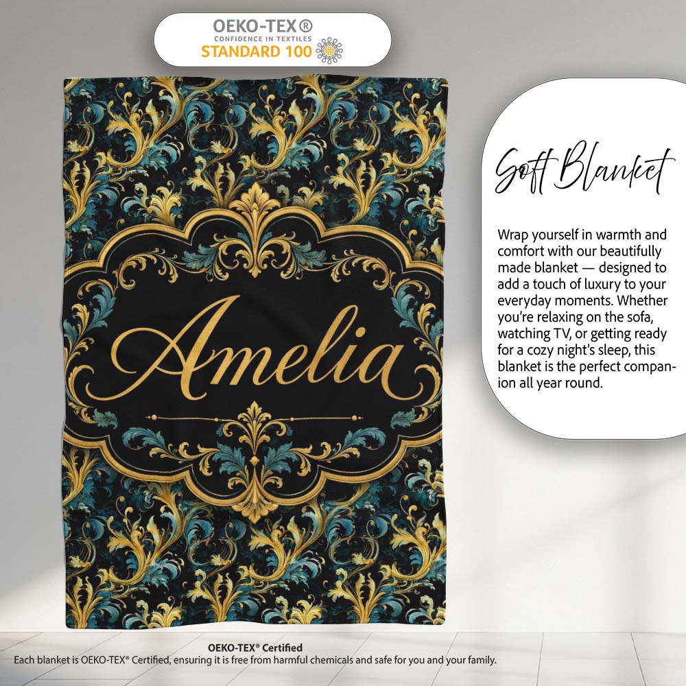 Elegant Blue Gold Flowing Acanthus Baroque Seamless Pattern Name Personalised Custom Name Super Soft Fleece Blanket Bed Sofa Throw