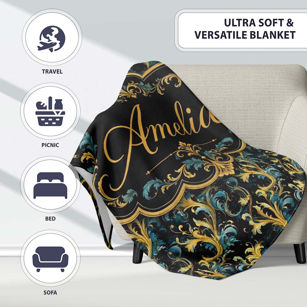 Elegant Blue Gold Flowing Acanthus Baroque Seamless Pattern Name Personalised Custom Name Super Soft Fleece Blanket Bed Sofa Throw