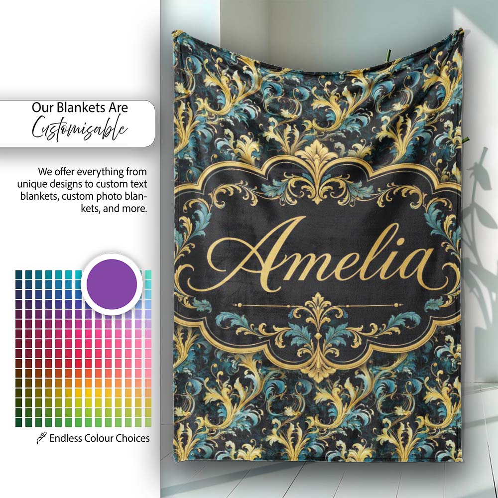 Elegant Blue Gold Flowing Acanthus Baroque Seamless Pattern Name Personalised Custom Name Super Soft Fleece Blanket Bed Sofa Throw