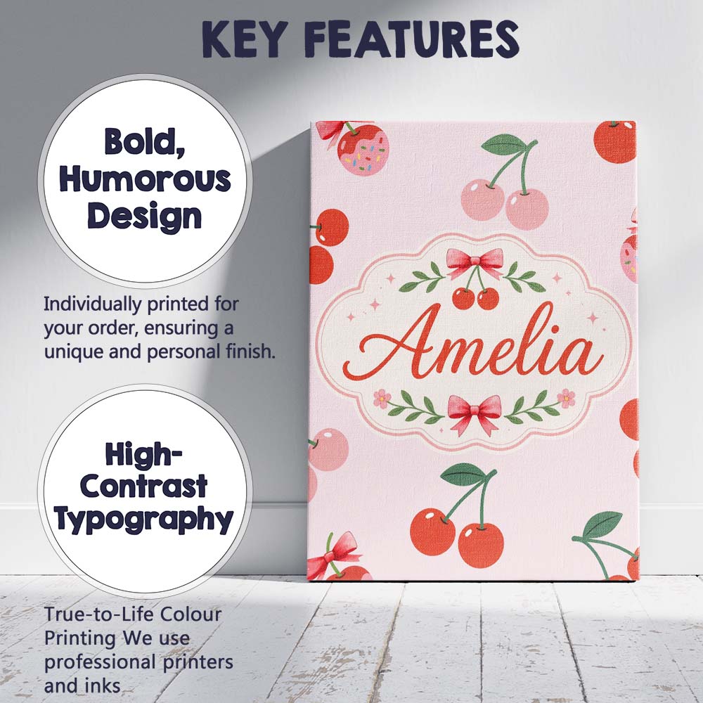 Personalised Name Cute Cherry Fruit Soft Pink Background Sweet Custom Modern Room Accent Canvas Wall Art Print Decor Picture Ready to Hang