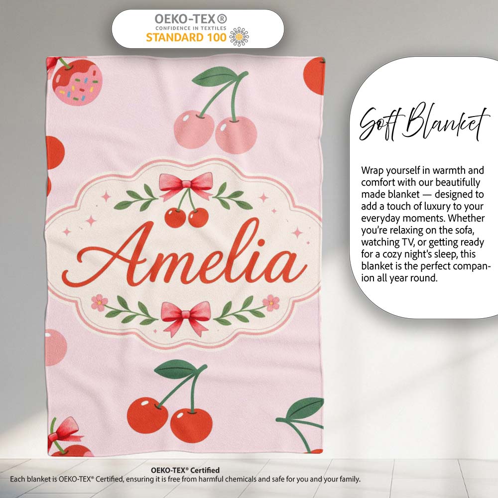 Cute Cherry Fruit Soft Pink Background Sweet Seamless Pattern Lovely Personalised Custom Name Super Soft Fleece Blanket Bed Sofa Throw