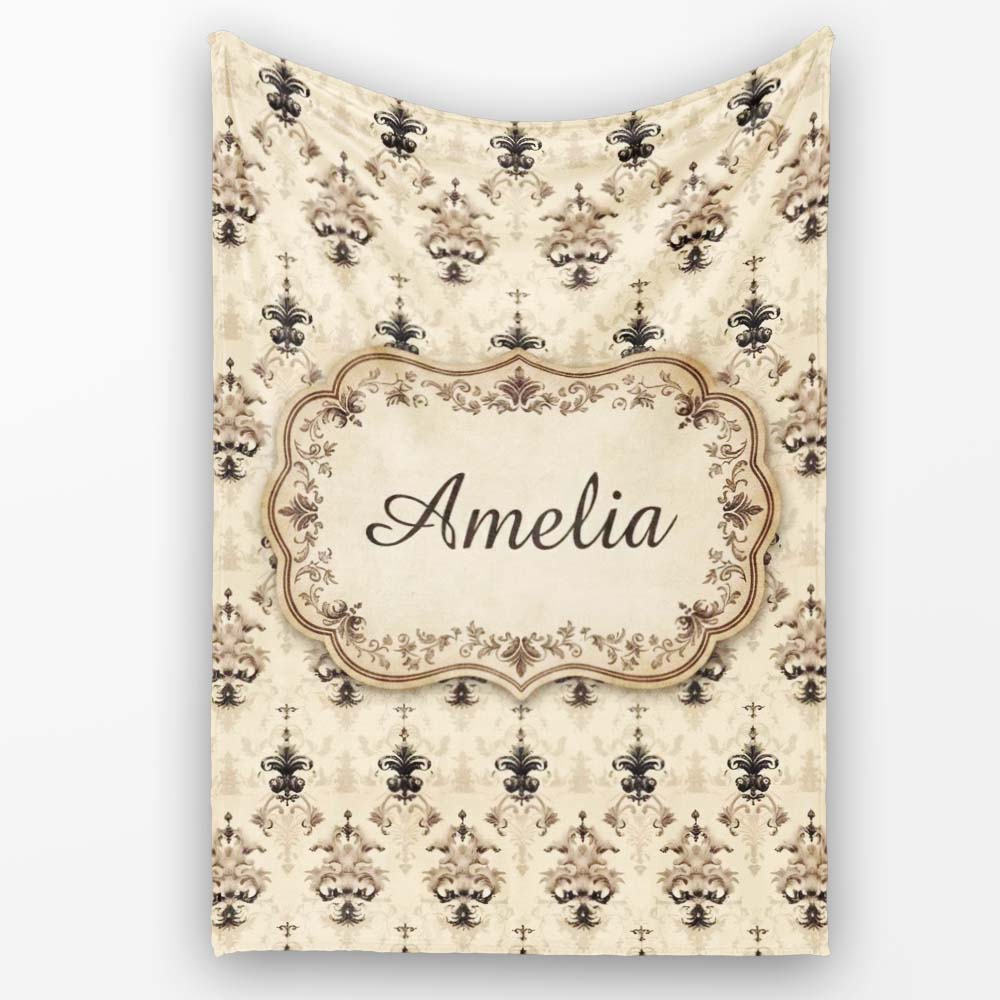 Soft Beige Vintage Floral Ornamental Damask Seamless Pattern Name Personalised Custom Name Super Soft Fleece Blanket Bed Sofa Throw