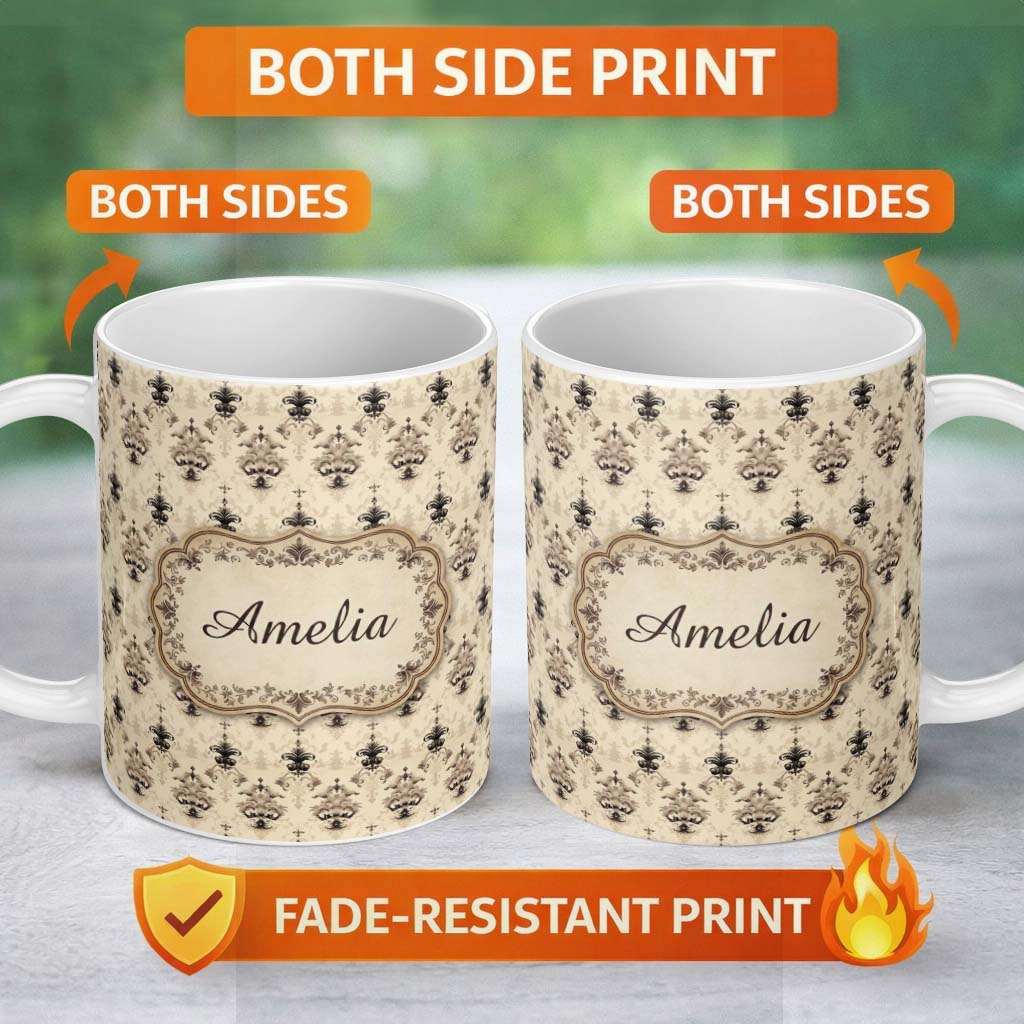 Personalized Custom Name Soft Beige Vintage Floral Ornamental Damask Seamless Pattern Name 11oz Ceramic Coffee Tea Mug White Large Handle