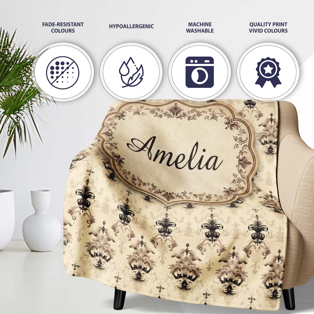Soft Beige Vintage Floral Ornamental Damask Seamless Pattern Name Personalised Custom Name Super Soft Fleece Blanket Bed Sofa Throw