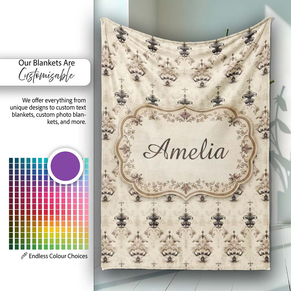 Soft Beige Vintage Floral Ornamental Damask Seamless Pattern Name Personalised Custom Name Super Soft Fleece Blanket Bed Sofa Throw
