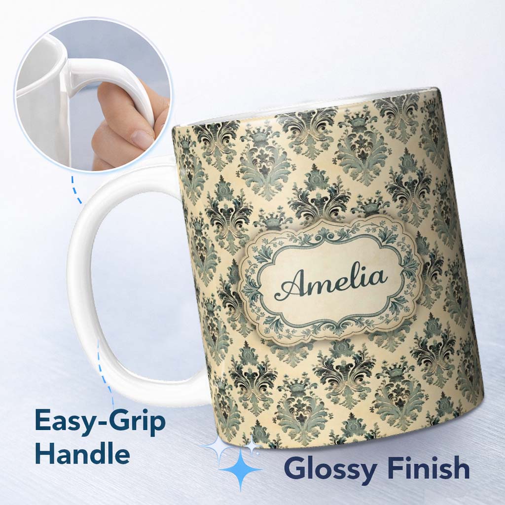 Personalized Custom Name Muted Sage Green Classic Ornate Damask Seamless Pattern Name Cute 11oz Ceramic Coffee Tea Mug White Large Handle