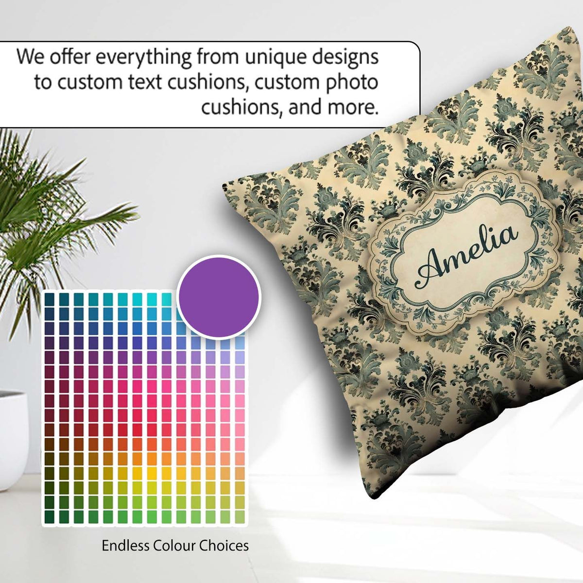 Custom Name Muted Sage Green Classic Ornate Damask Seamless Name Square Filled Cushion Throw Pillow Sofa Bed Home Decor Zip Washable UK Made