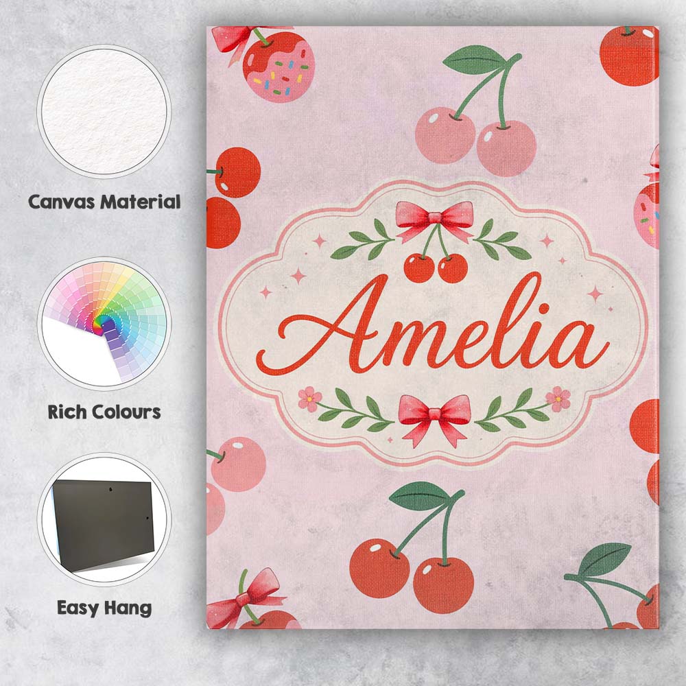 Personalised Name Cute Cherry Fruit Soft Pink Background Sweet Custom Modern Room Accent Canvas Wall Art Print Decor Picture Ready to Hang