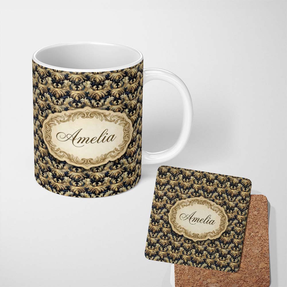Personalized Custom Name Royal Blue Gold Luxury Baroque Ornamental Seamless Pattern Name Cute 11oz Ceramic Coffee Tea Mug White Large Handle