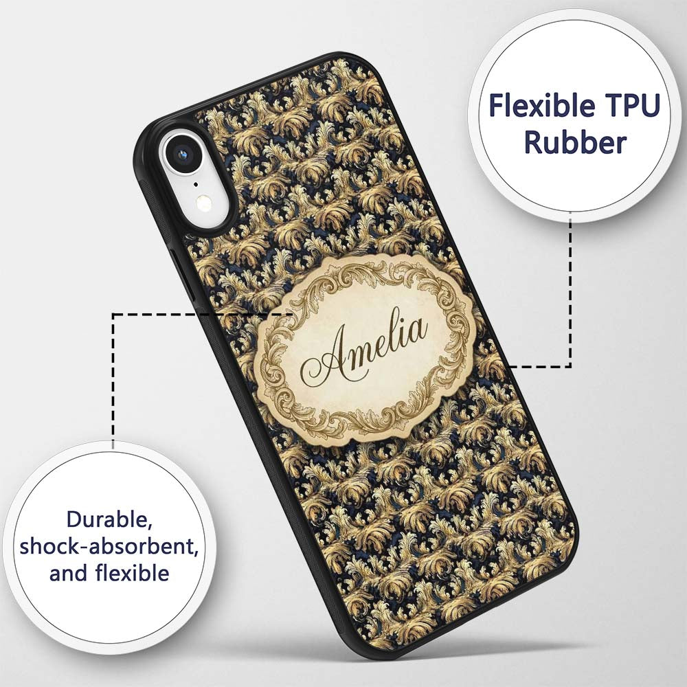 Royal Blue Gold Luxury Baroque Printed Design Custom Name Protective Phone Case Mobile Cover Durable Everyday Smartphone Shock Resistant