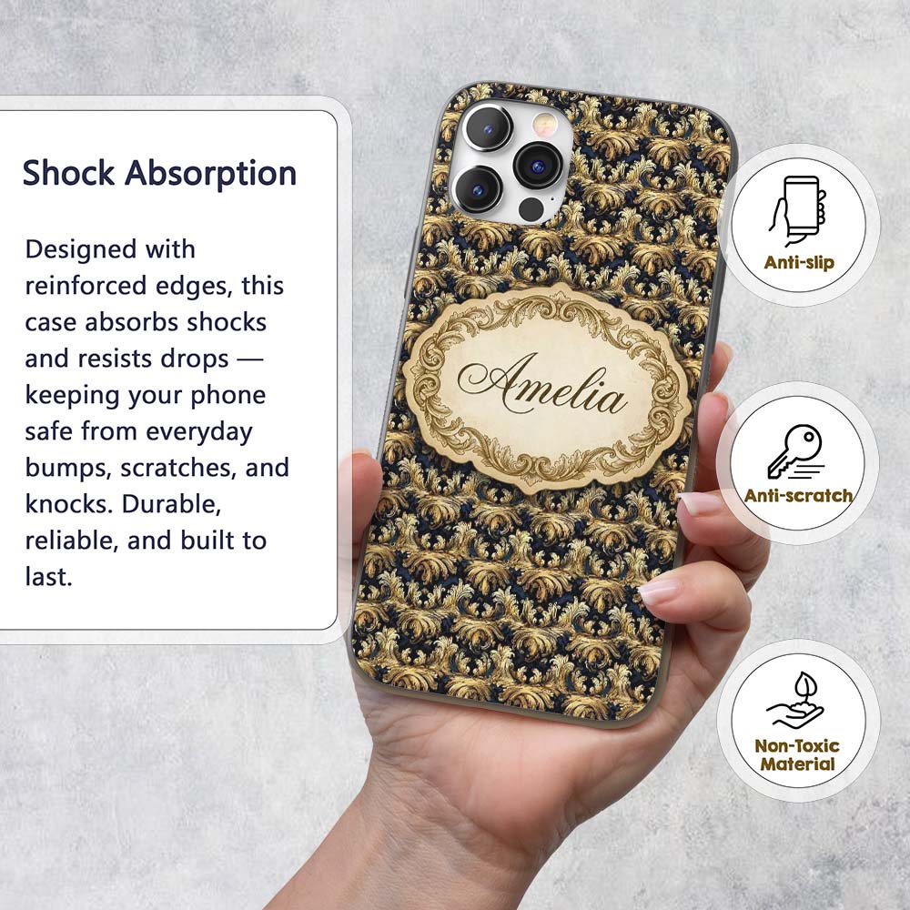 Royal Blue Gold Luxury Baroque Printed Design Custom Name Protective Phone Case Mobile Cover Durable Everyday Smartphone Shock Resistant