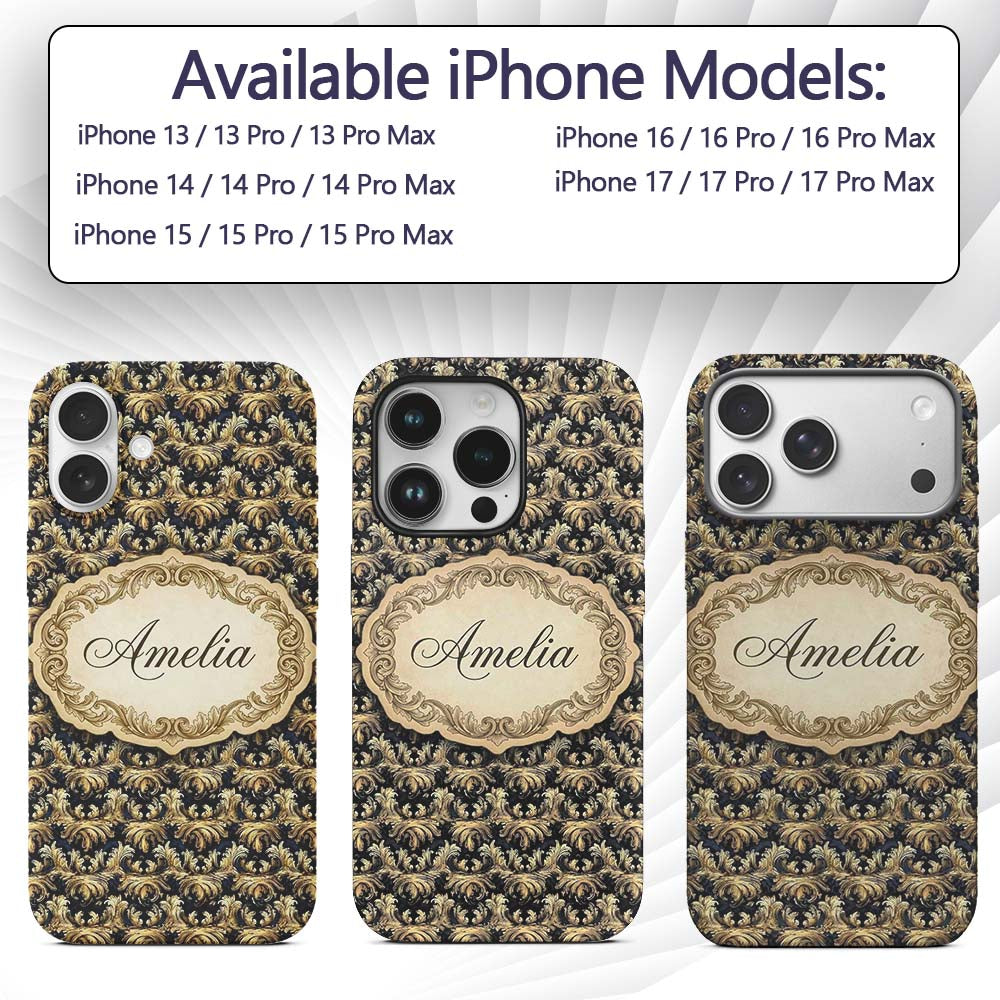 Royal Blue Gold Luxury Baroque Printed Design Custom Name Protective Phone Case Mobile Cover Durable Everyday Smartphone Shock Resistant