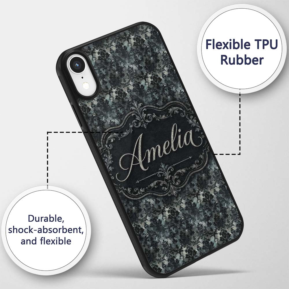 Dark Gothic Distressed Black Damask Seamless Custom Name Protective Phone Case Mobile Cover Durable Everyday Smartphone Shock Resistant
