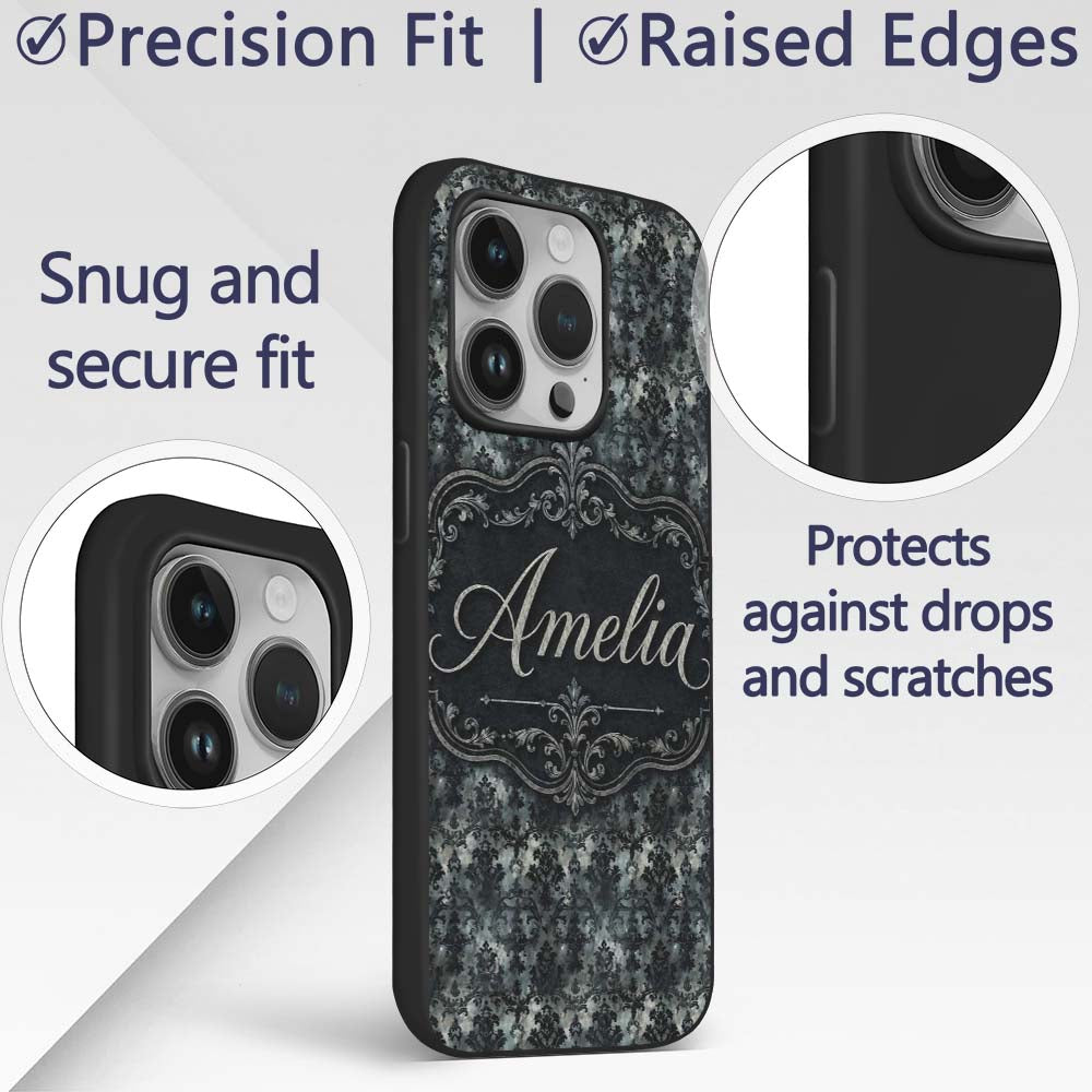 Dark Gothic Distressed Black Damask Seamless Custom Name Protective Phone Case Mobile Cover Durable Everyday Smartphone Shock Resistant
