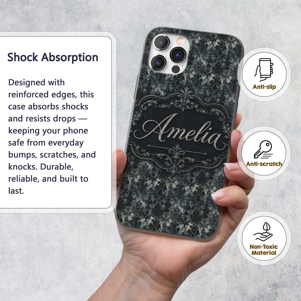 Dark Gothic Distressed Black Damask Seamless Custom Name Protective Phone Case Mobile Cover Durable Everyday Smartphone Shock Resistant