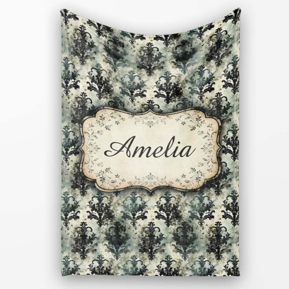 Vintage Grunge Grey Black Ornate Damask Seamless Pattern Name Cute Personalised Custom Name Super Soft Fleece Blanket Bed Sofa Throw