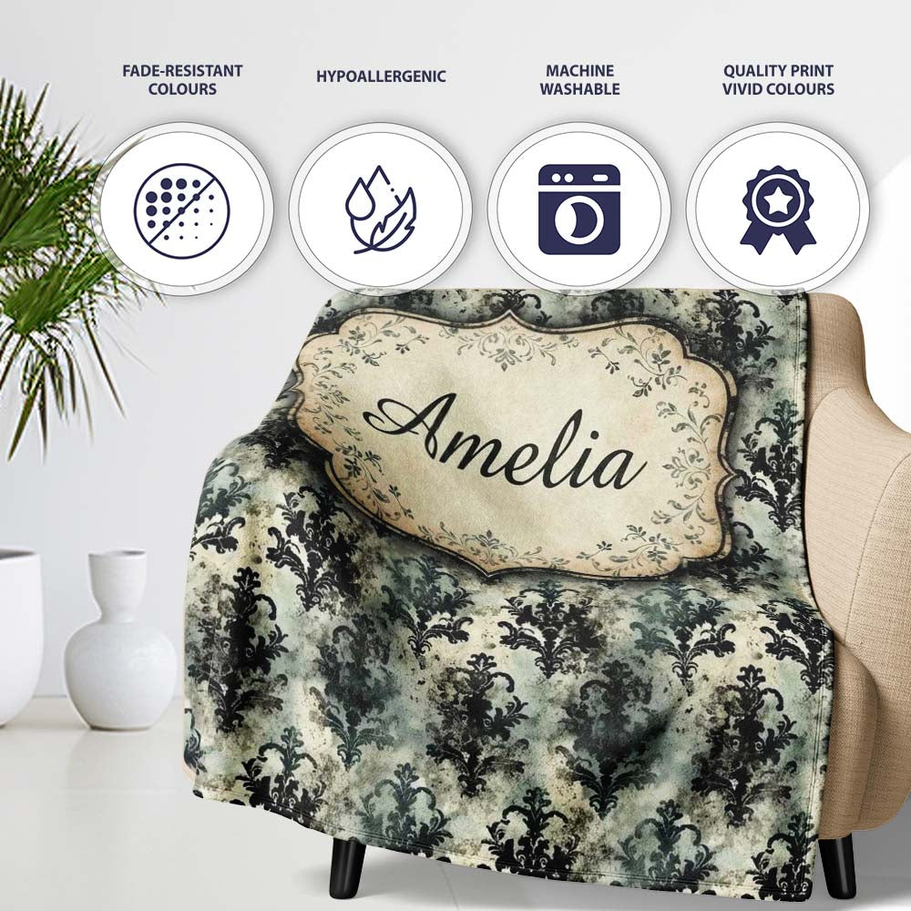 Vintage Grunge Grey Black Ornate Damask Seamless Pattern Name Cute Personalised Custom Name Super Soft Fleece Blanket Bed Sofa Throw