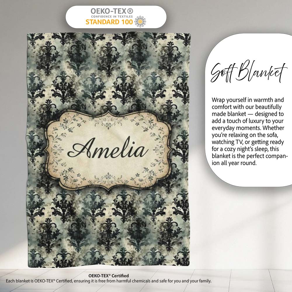 Vintage Grunge Grey Black Ornate Damask Seamless Pattern Name Cute Personalised Custom Name Super Soft Fleece Blanket Bed Sofa Throw