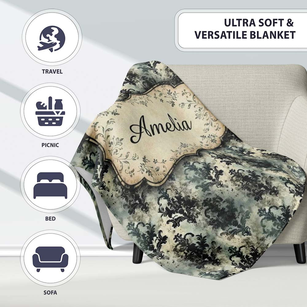 Vintage Grunge Grey Black Ornate Damask Seamless Pattern Name Cute Personalised Custom Name Super Soft Fleece Blanket Bed Sofa Throw