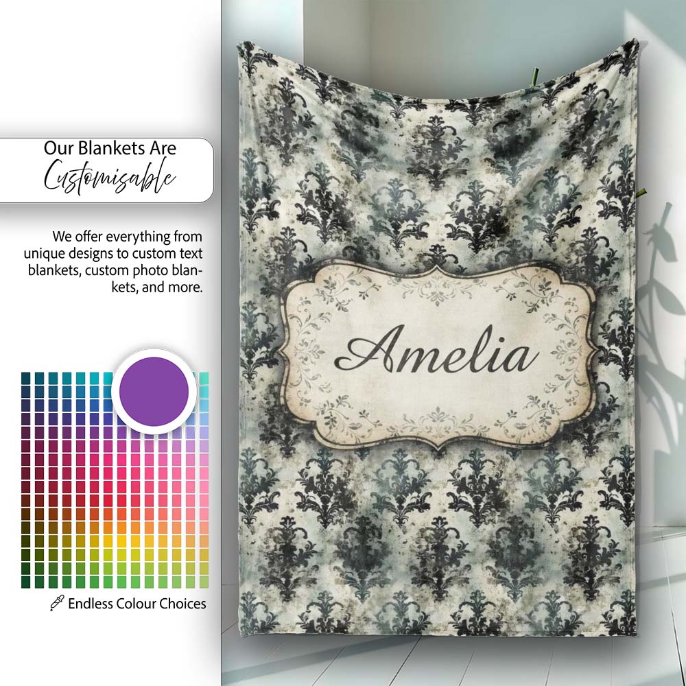 Vintage Grunge Grey Black Ornate Damask Seamless Pattern Name Cute Personalised Custom Name Super Soft Fleece Blanket Bed Sofa Throw