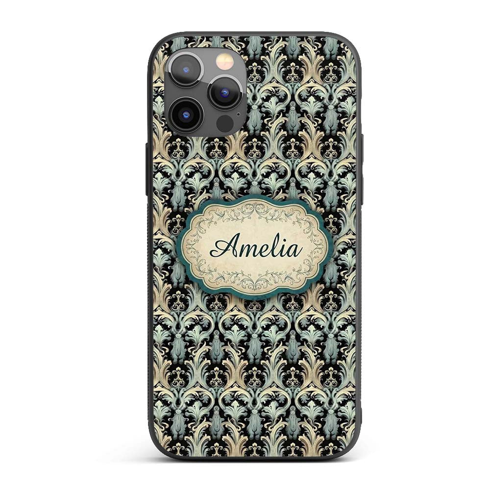 Elegant Soft Grey Blue Ornate Baroque Seamless Custom Name Protective Phone Case Mobile Cover Durable Everyday Smartphone Shock Resistant