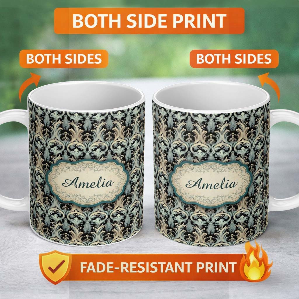 Personalized Custom Name Elegant Soft Grey Blue Ornate Baroque Seamless Pattern Name Cute 11oz Ceramic Coffee Tea Mug White Large Handle