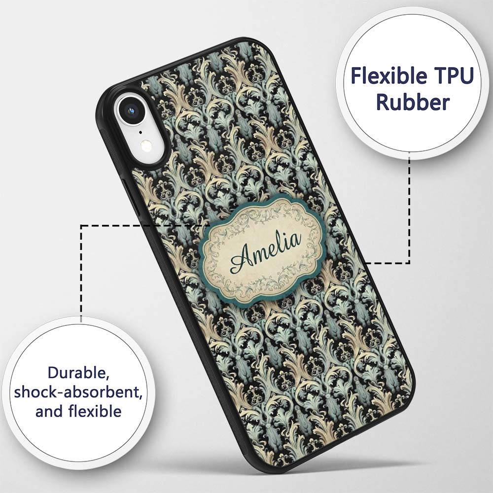 Elegant Soft Grey Blue Ornate Baroque Seamless Custom Name Protective Phone Case Mobile Cover Durable Everyday Smartphone Shock Resistant