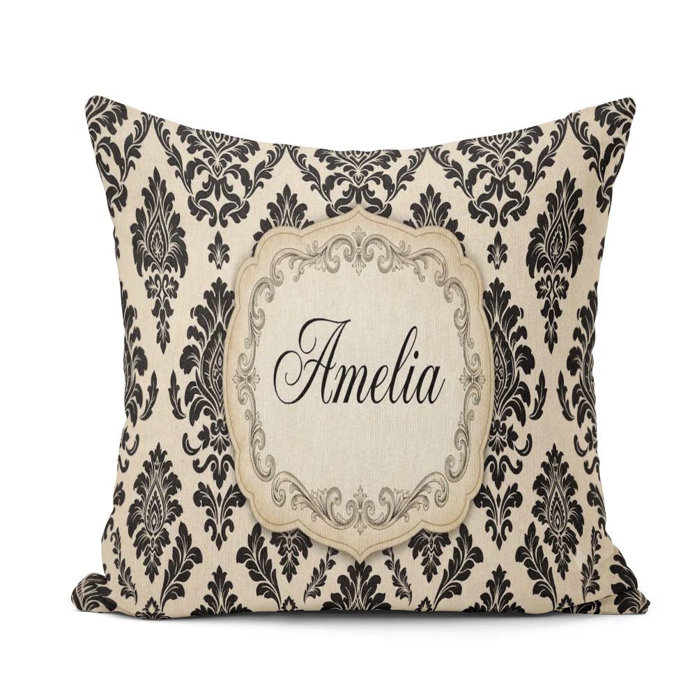 Custom Name Classic Cream Black Traditional Damask Seamless Name Square Filled Cushion Throw Pillow Sofa Bed Home Decor Zip Washable UK Made