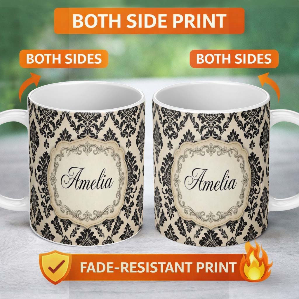 Personalized Custom Name Classic Cream Black Traditional Damask Floral Seamless Pattern Name 11oz Ceramic Coffee Tea Mug White Large Handle