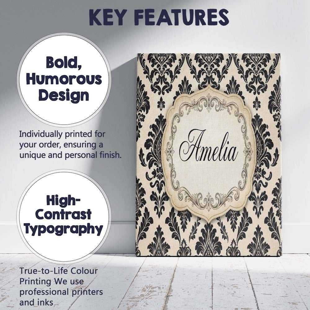 Personalised Name Classic Cream Black Custom Modern Room Accent Creative Decorator Style Canvas Wall Art Print Decor Picture Ready to Hang