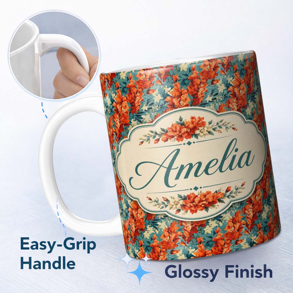 Personalized Custom Name Vibrant Orange Floral Pattern on Teal Background with Delicate Cream 11oz Ceramic Coffee Tea Mug White Large Handle