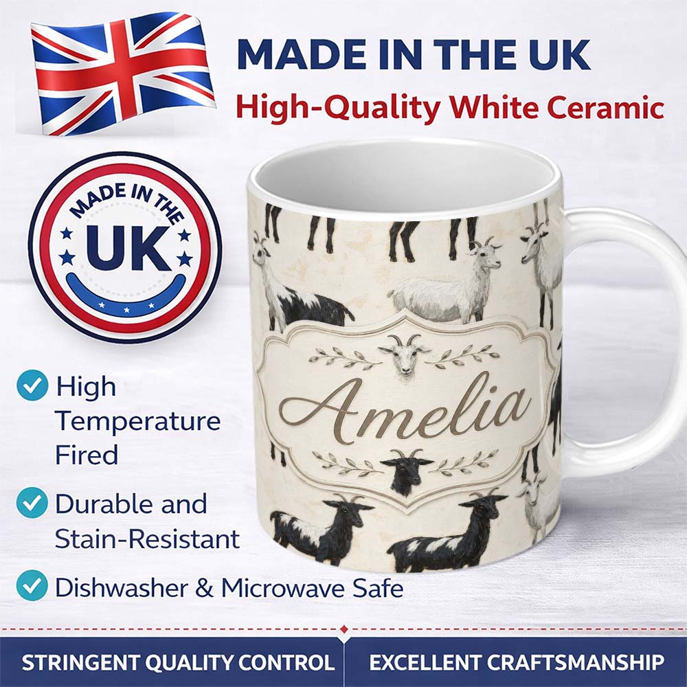 Personalized Custom Name Black and White Farm Goat Rustic Animal Seamless Pattern Lovely 11oz Ceramic Coffee Tea Mug White Large Handle