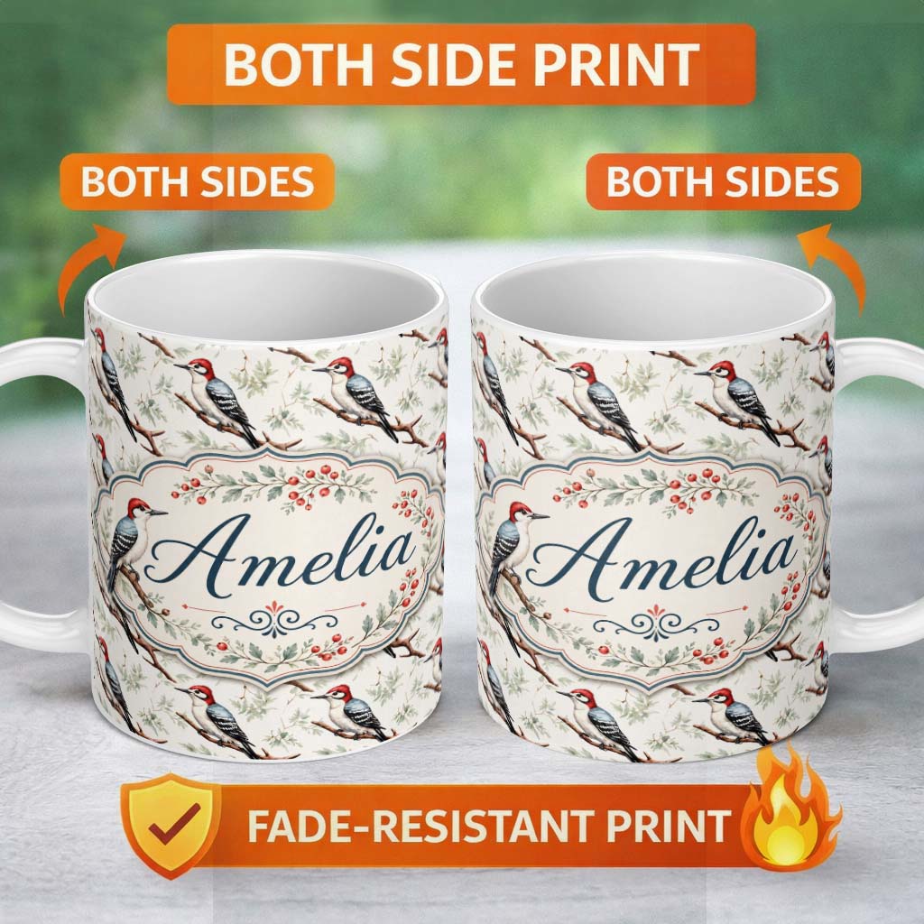 Personalized Custom Name Realistic Woodpecker Birds on Tree Branch Seamless Pattern Lovely 11oz Ceramic Coffee Tea Mug White Large Handle