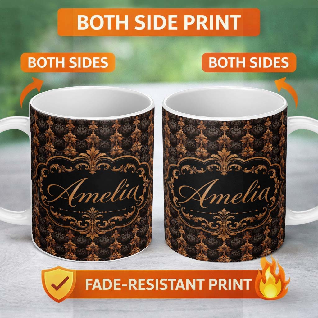 Personalized Custom Name Rich Brown Bronze Vertical Baroque Stripe Seamless Pattern Name Cute 11oz Ceramic Coffee Tea Mug White Large Handle