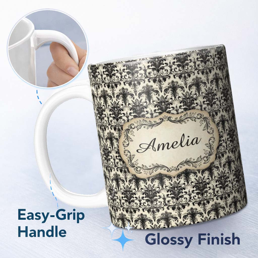 Personalized Custom Name Antique Ivory Black Detailed Baroque Floral Seamless Pattern Name 11oz Ceramic Coffee Tea Mug White Large Handle