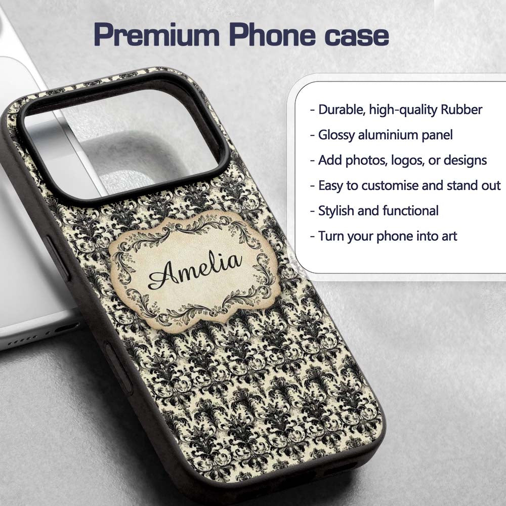 Antique Ivory Black Detailed Decorative Design Custom Name Protective Phone Case Mobile Cover Durable Everyday Smartphone Shock Resistant