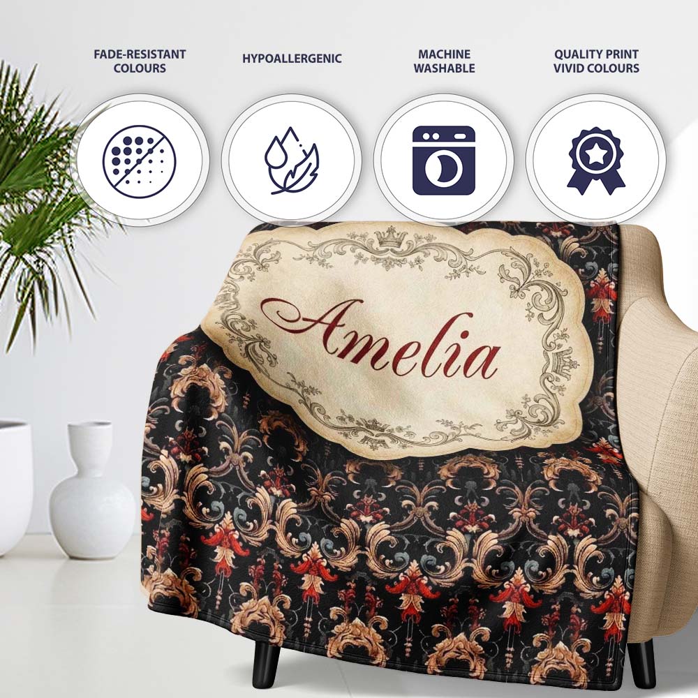 Luxury Black Red Gold Ornate Baroque Damask Seamless Pattern Name Personalised Custom Name Super Soft Fleece Blanket Bed Sofa Throw