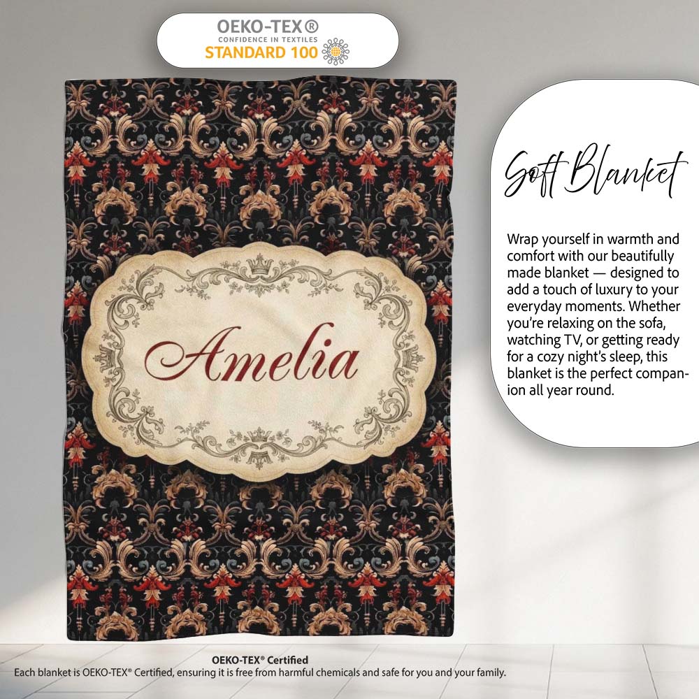 Luxury Black Red Gold Ornate Baroque Damask Seamless Pattern Name Personalised Custom Name Super Soft Fleece Blanket Bed Sofa Throw