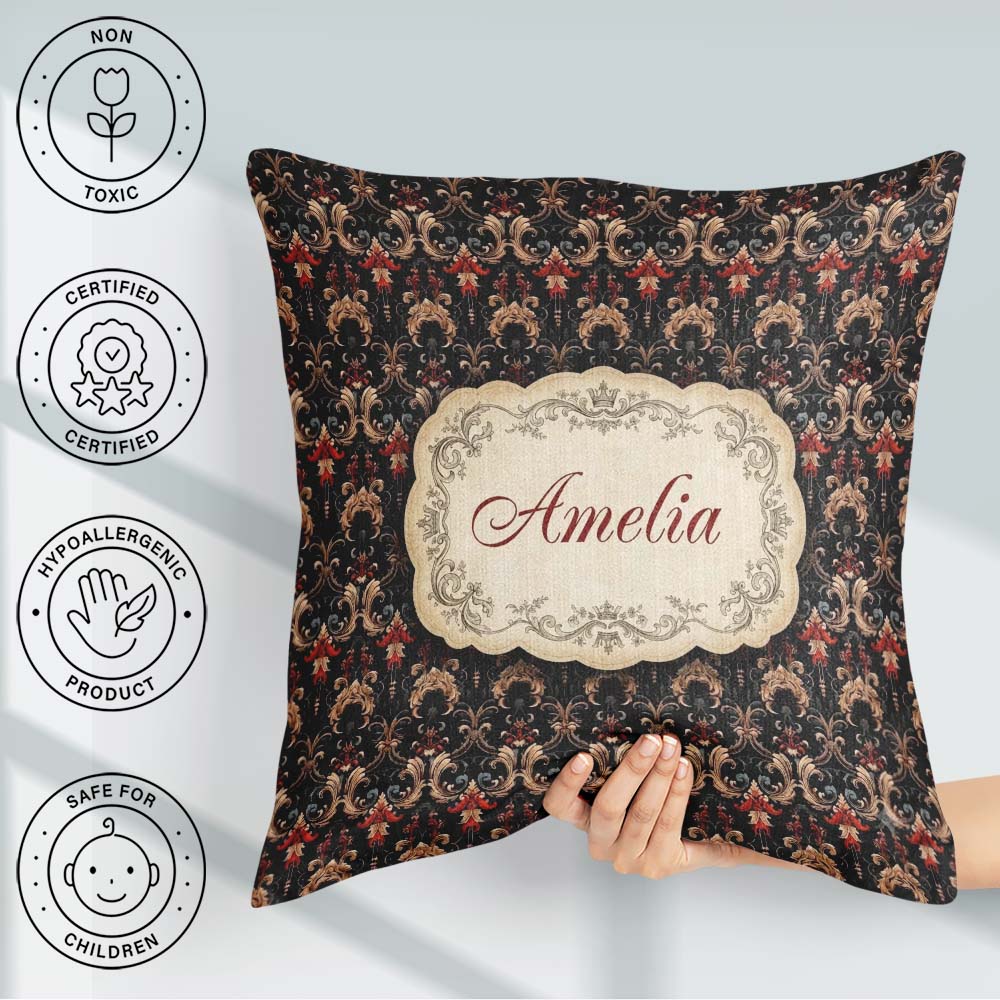 Custom Name Luxury Black Red Gold Ornate Baroque Damask Seamless Square Filled Cushion Throw Pillow Sofa Bed Home Decor Zip Washable UK Made
