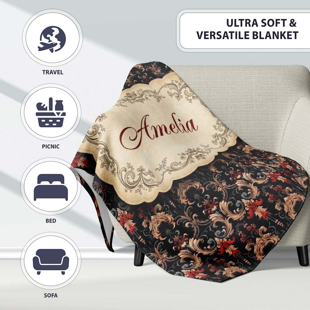Luxury Black Red Gold Ornate Baroque Damask Seamless Pattern Name Personalised Custom Name Super Soft Fleece Blanket Bed Sofa Throw