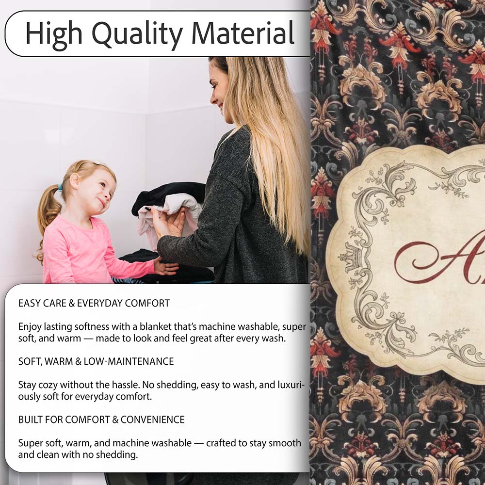 Luxury Black Red Gold Ornate Baroque Damask Seamless Pattern Name Personalised Custom Name Super Soft Fleece Blanket Bed Sofa Throw