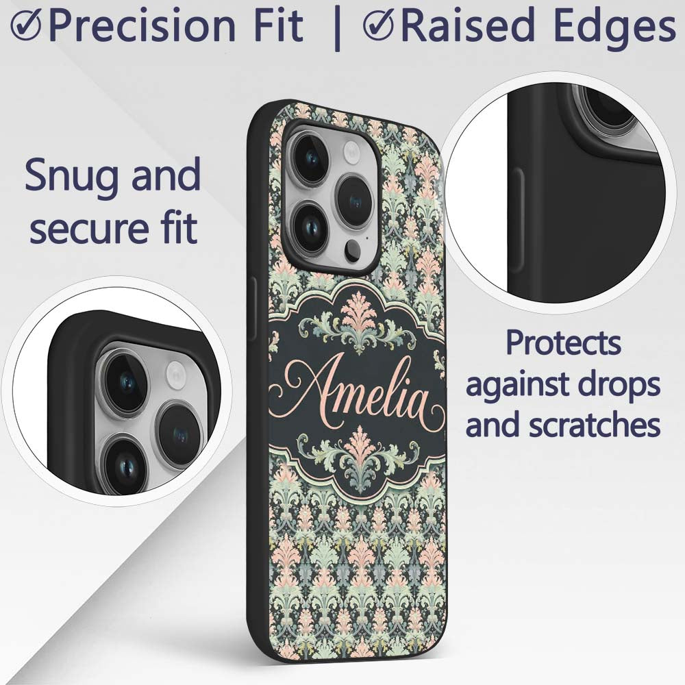 Pastel Mint Pink Vintage Damask Floral Seamless Custom Name Protective Phone Case Mobile Cover Durable Everyday Smartphone Shock Resistant