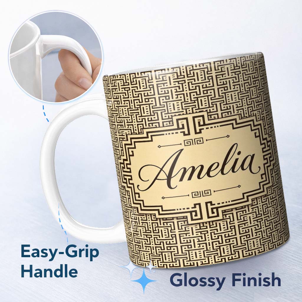 Personalized Custom Name Beige Brown Abstract Geometric Maze Seamless Pattern Name Cute 11oz Ceramic Coffee Tea Mug White Large Handle