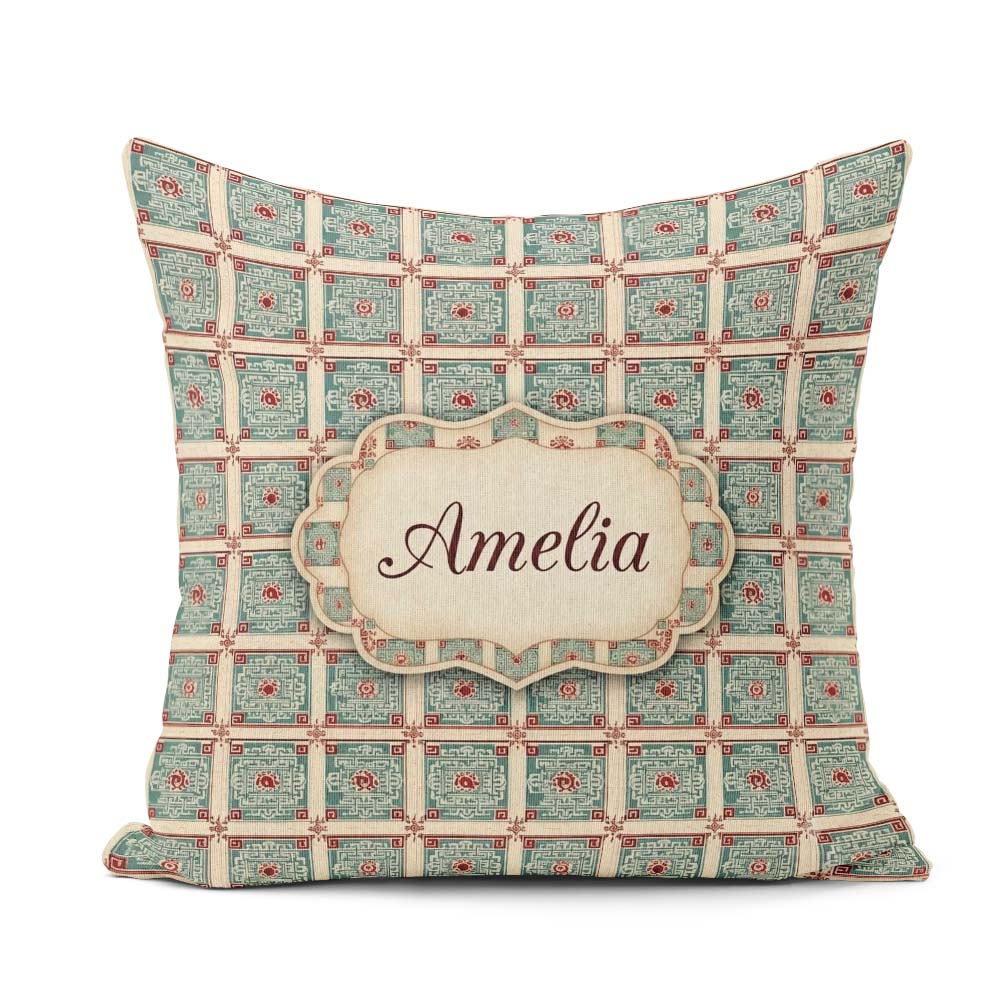 Custom Name Teal Red Oriental Tile Geometric Square Pattern Name Square Filled Cushion Throw Pillow Sofa Bed Home Decor Zip Washable UK Made